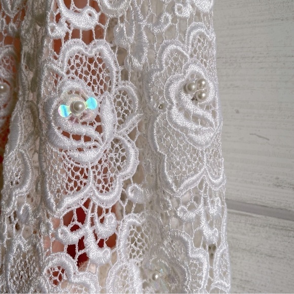 VINTAGE George F. Couture NewYork White Lace Beaded & Pleated Bottom Dress Sz 12 - Picture 4 of 7